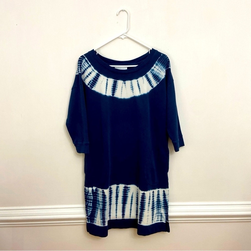 J Jill Tie Dye Sweatshirt Dress Sz S Petite Blue &‎ White 3/4 Sleeve 100% Cotton